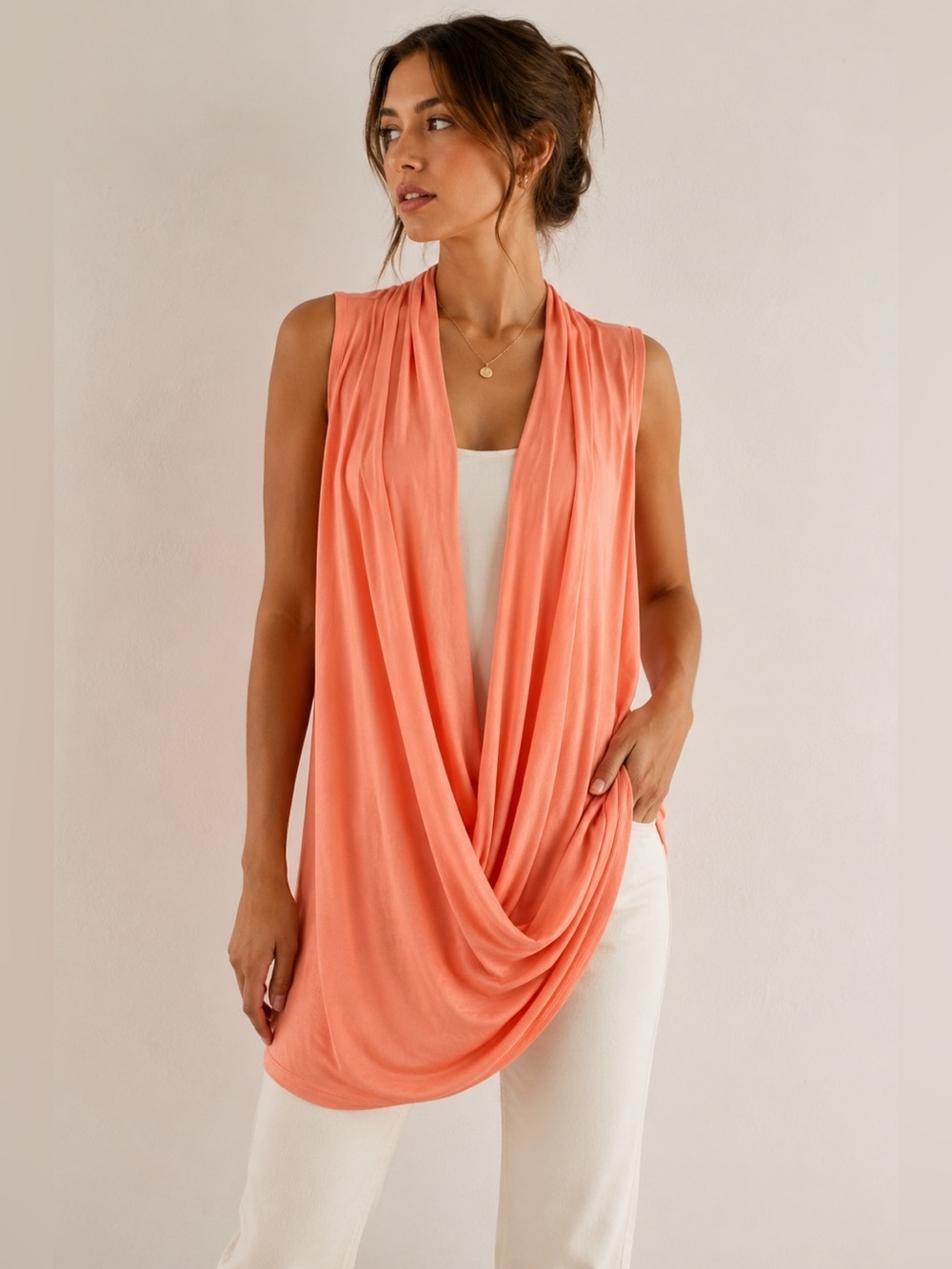 Wilfred Coral Peach Sleeveless Draped Tunic Size XS Summer Minimalist Waterfall